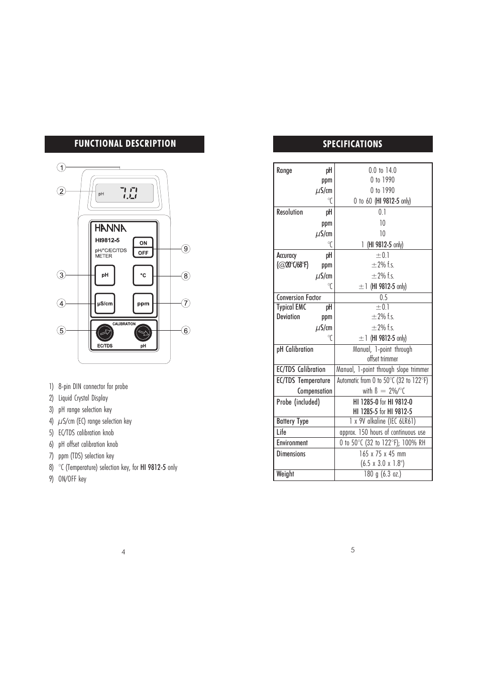 Hanna Instruments HI 9812-0 User Manual | Page 3 / 9