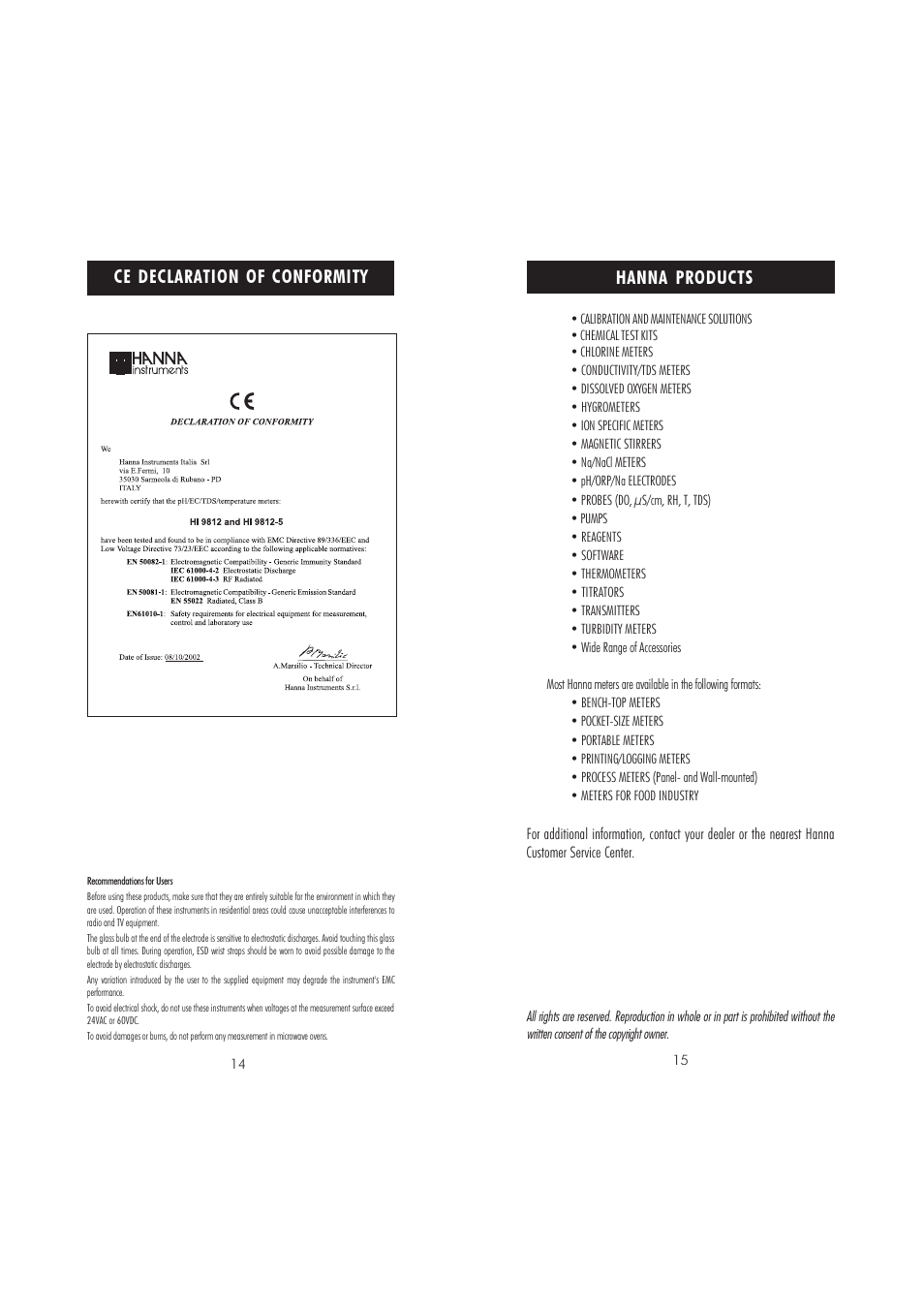 Ce declaration of conformity, Hanna products | Hanna Instruments HI 9812-0 User Manual | Page 8 / 9