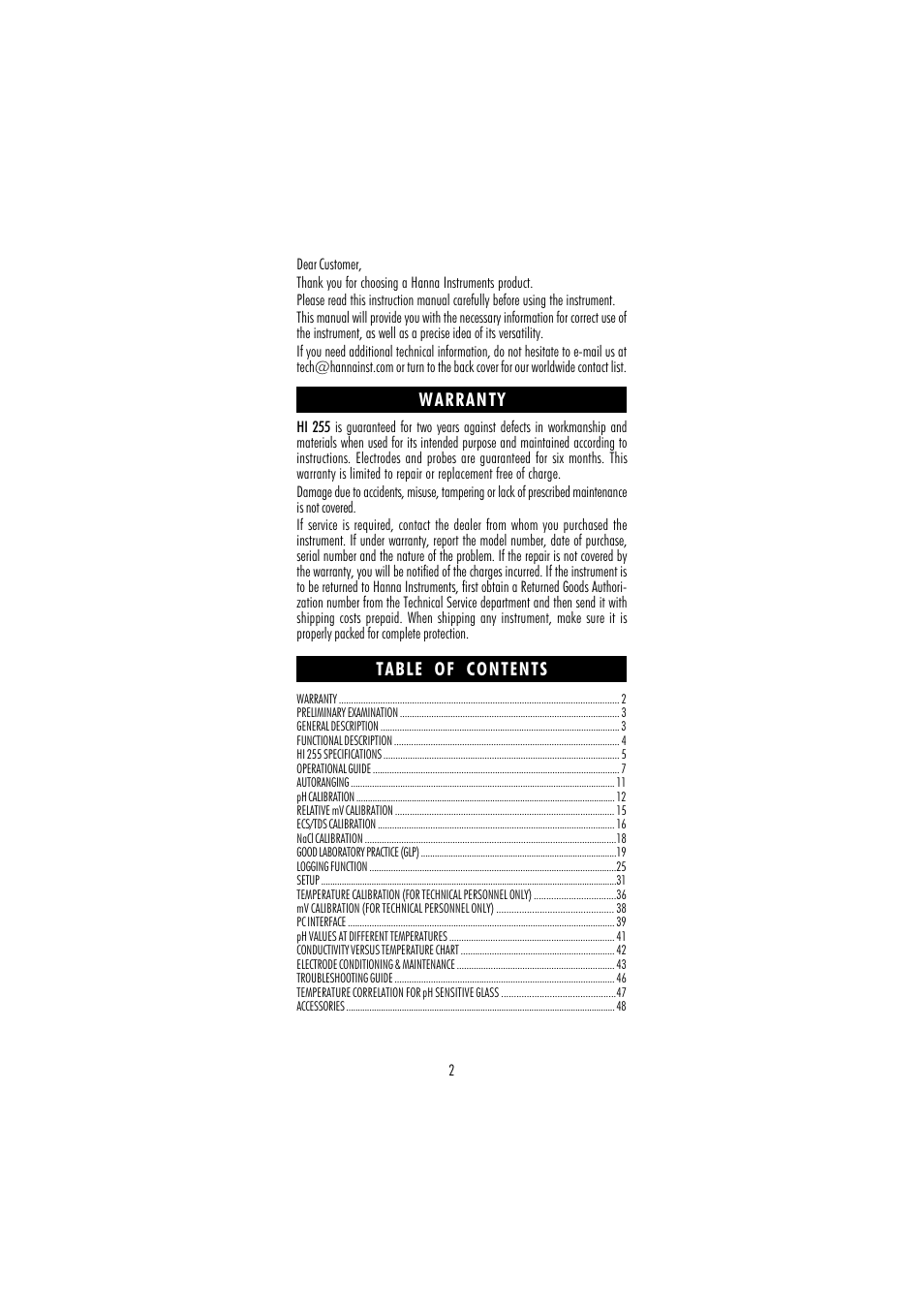 Hanna Instruments HI 255 User Manual | Page 2 / 56