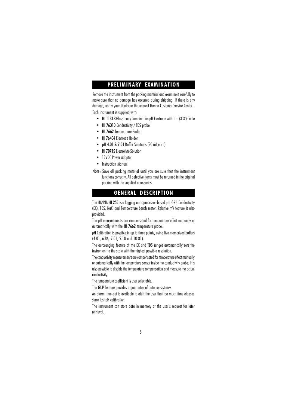 Hanna Instruments HI 255 User Manual | Page 3 / 56