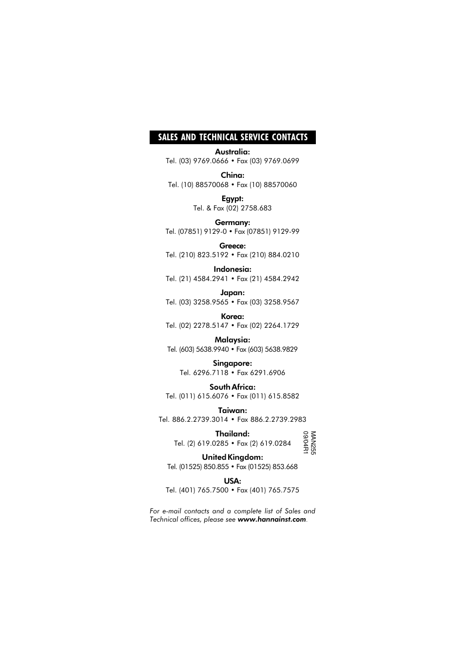 Sales and technical service contacts | Hanna Instruments HI 255 User Manual | Page 56 / 56