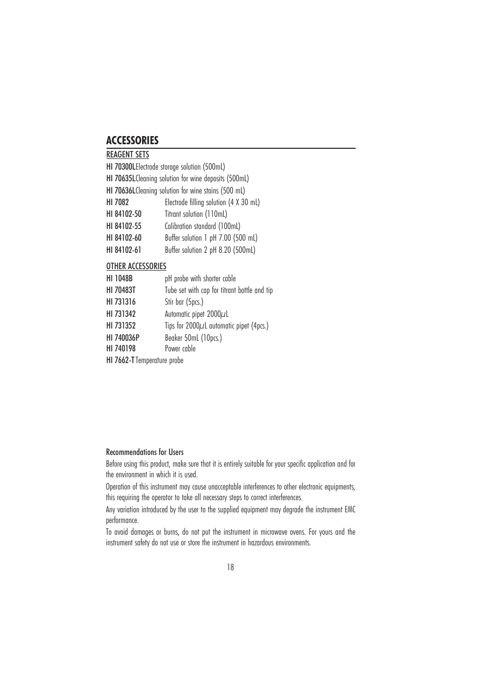 Accessories | Hanna Instruments HI 84102 User Manual | Page 18 / 20