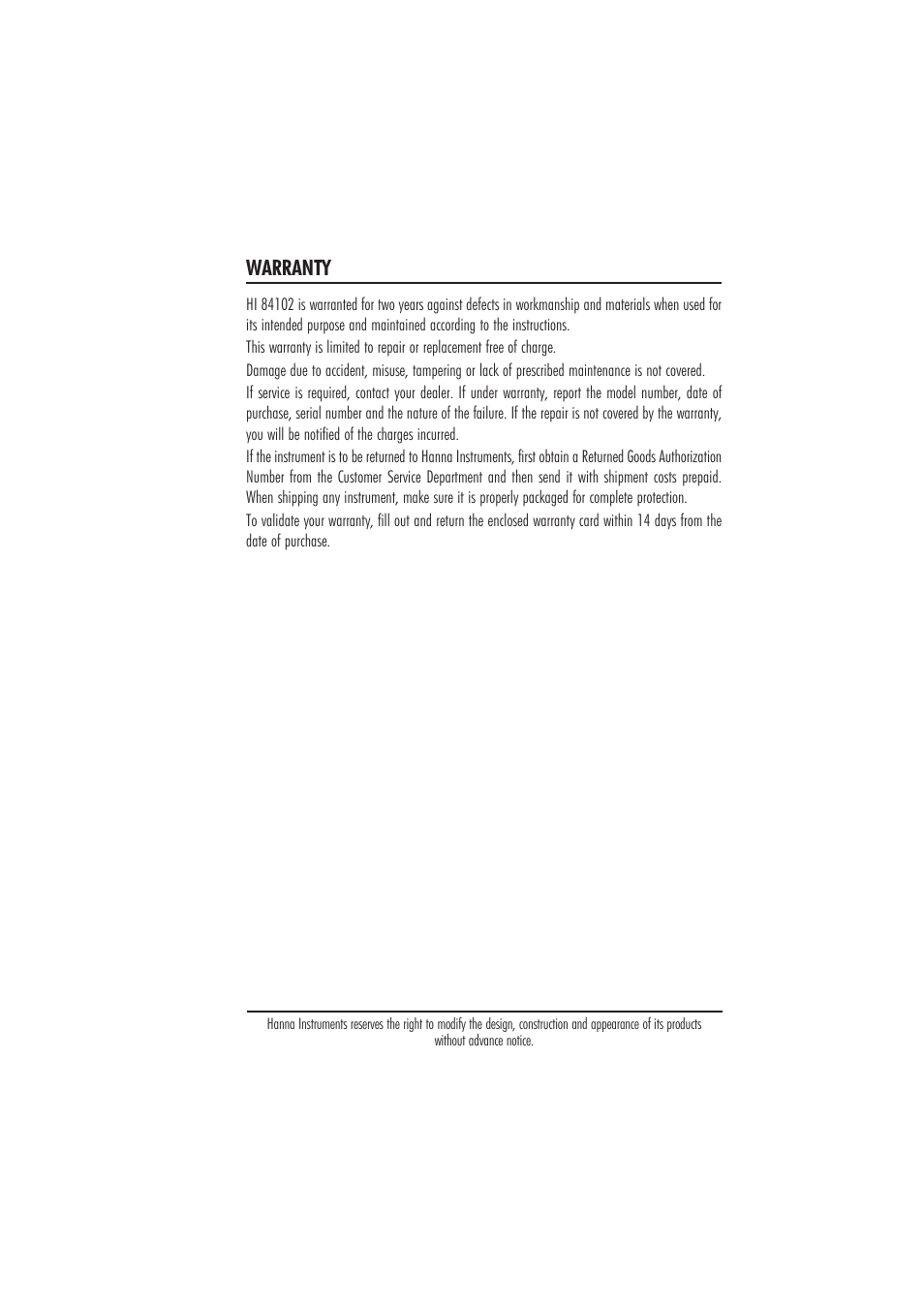 Warranty | Hanna Instruments HI 84102 User Manual | Page 19 / 20