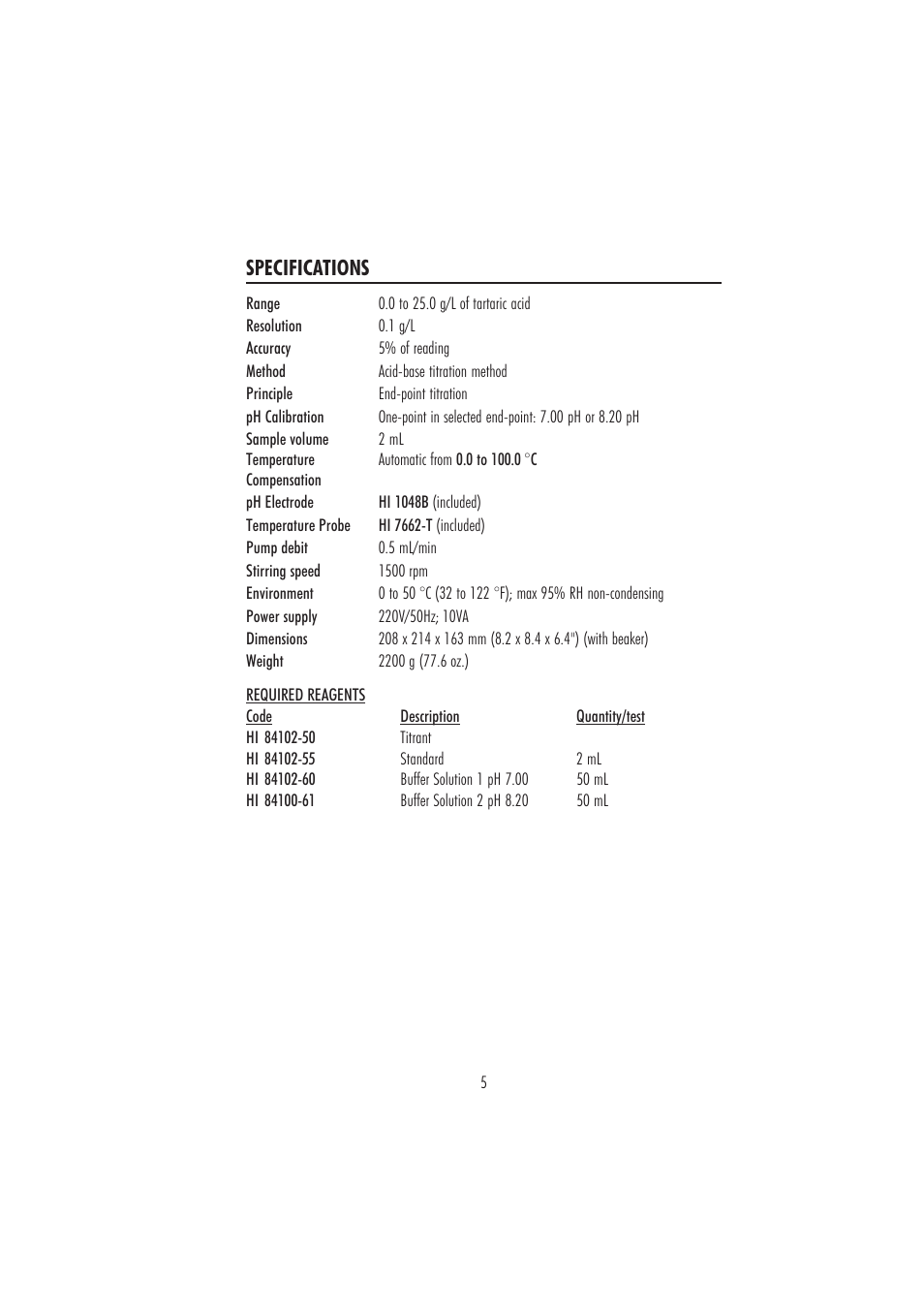 Specifications | Hanna Instruments HI 84102 User Manual | Page 5 / 20