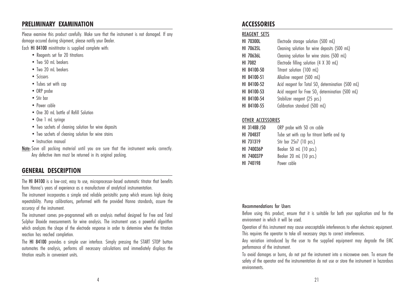 Hanna Instruments HI 84100 User Manual | Page 4 / 12