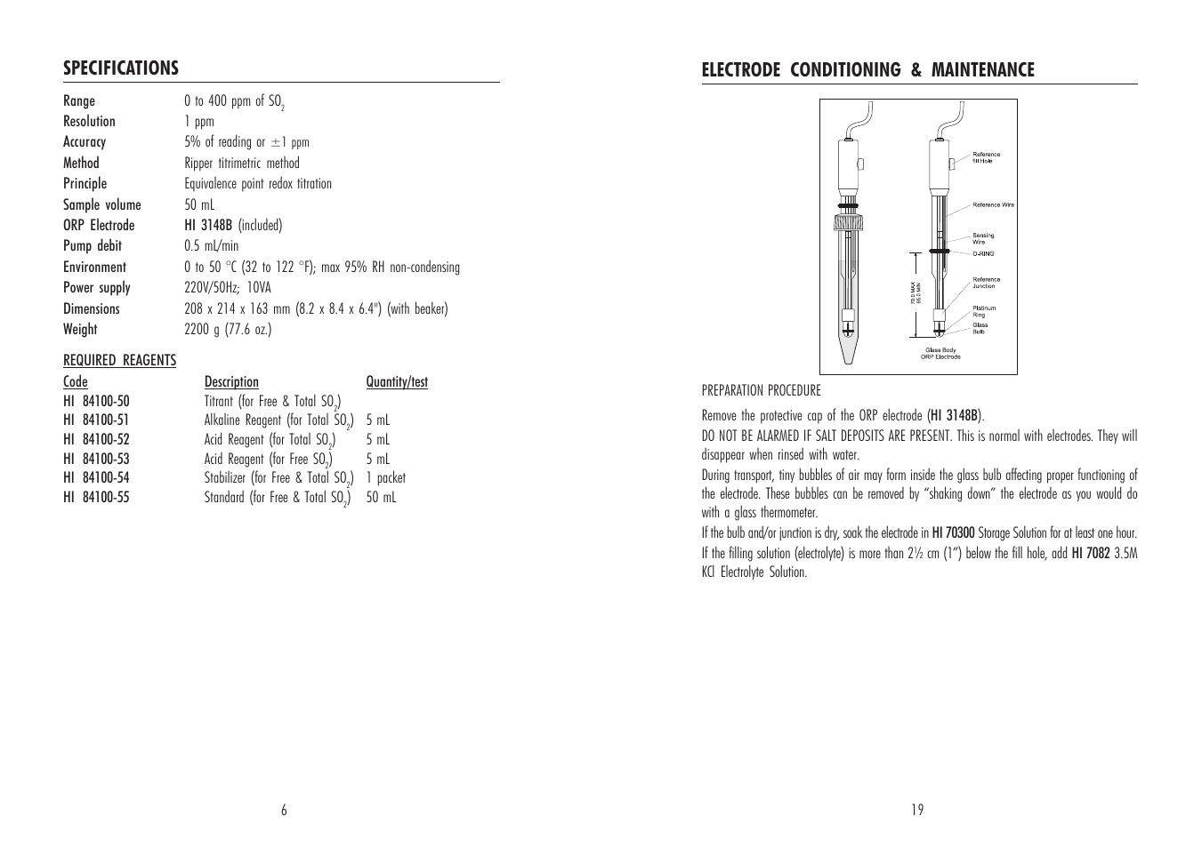 Specifications, Electrode conditioning & maintenance | Hanna Instruments HI 84100 User Manual | Page 6 / 12