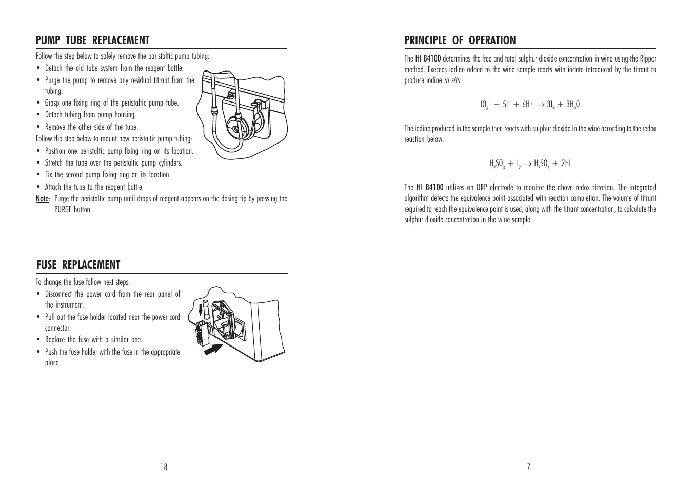 Principle of operation, Fuse replacement, Pump tube replacement | Hanna Instruments HI 84100 User Manual | Page 7 / 12