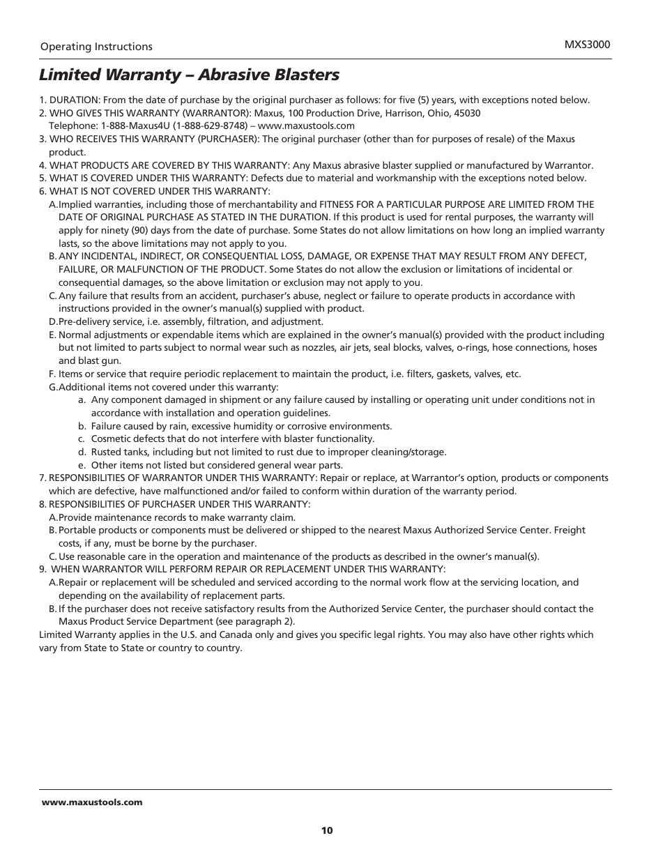 Limited warranty – abrasive blasters | Maxus tools MXS3000 User Manual | Page 10 / 32