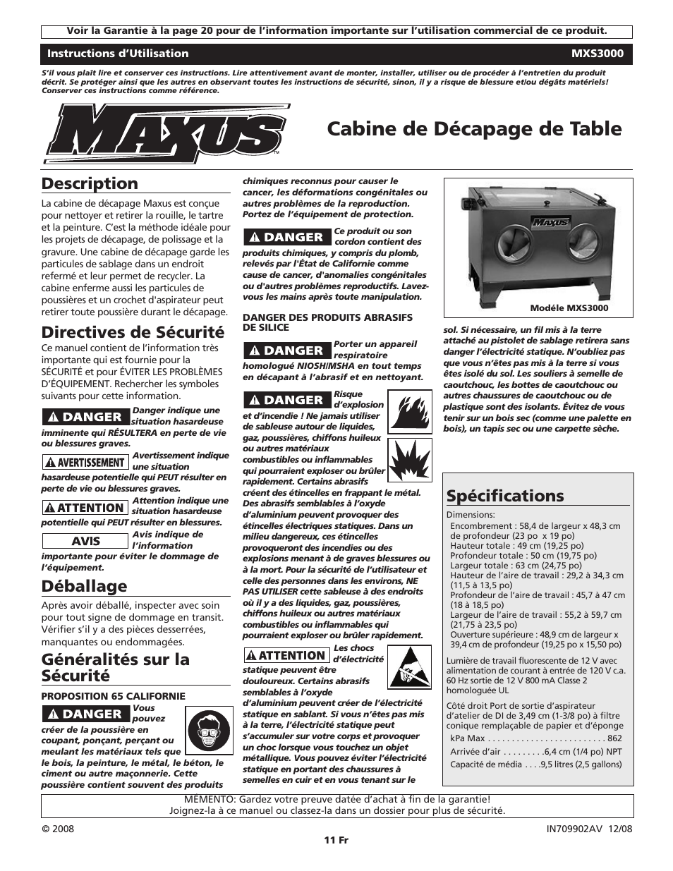 Cabine de décapage de table, Description, Directives de sécurité | Déballage, Généralités sur la sécurité, Spécifications | Maxus tools MXS3000 User Manual | Page 11 / 32