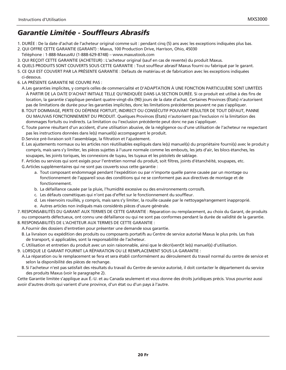 Garantie limitée - souffleurs abrasifs | Maxus tools MXS3000 User Manual | Page 20 / 32