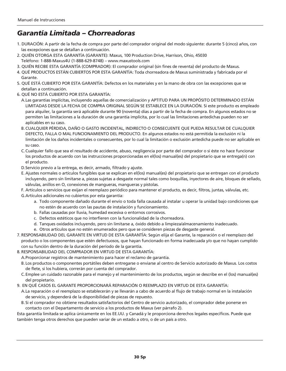 Garantía limitada – chorreadoras | Maxus tools MXS3000 User Manual | Page 30 / 32