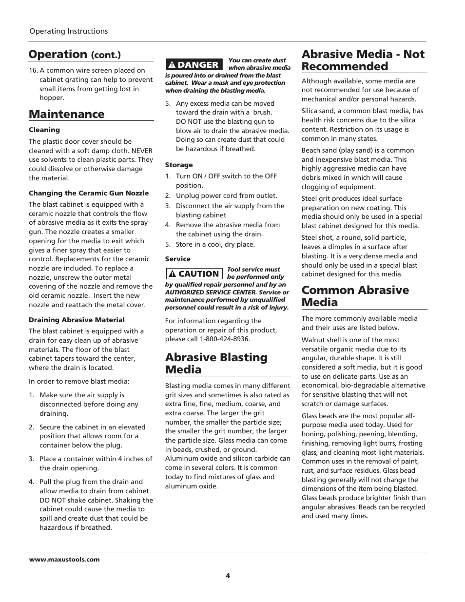 Maintenance, Abrasive blasting media, Abrasive media - not recommended | Common abrasive media, Operation | Maxus tools MXS3000 User Manual | Page 4 / 32