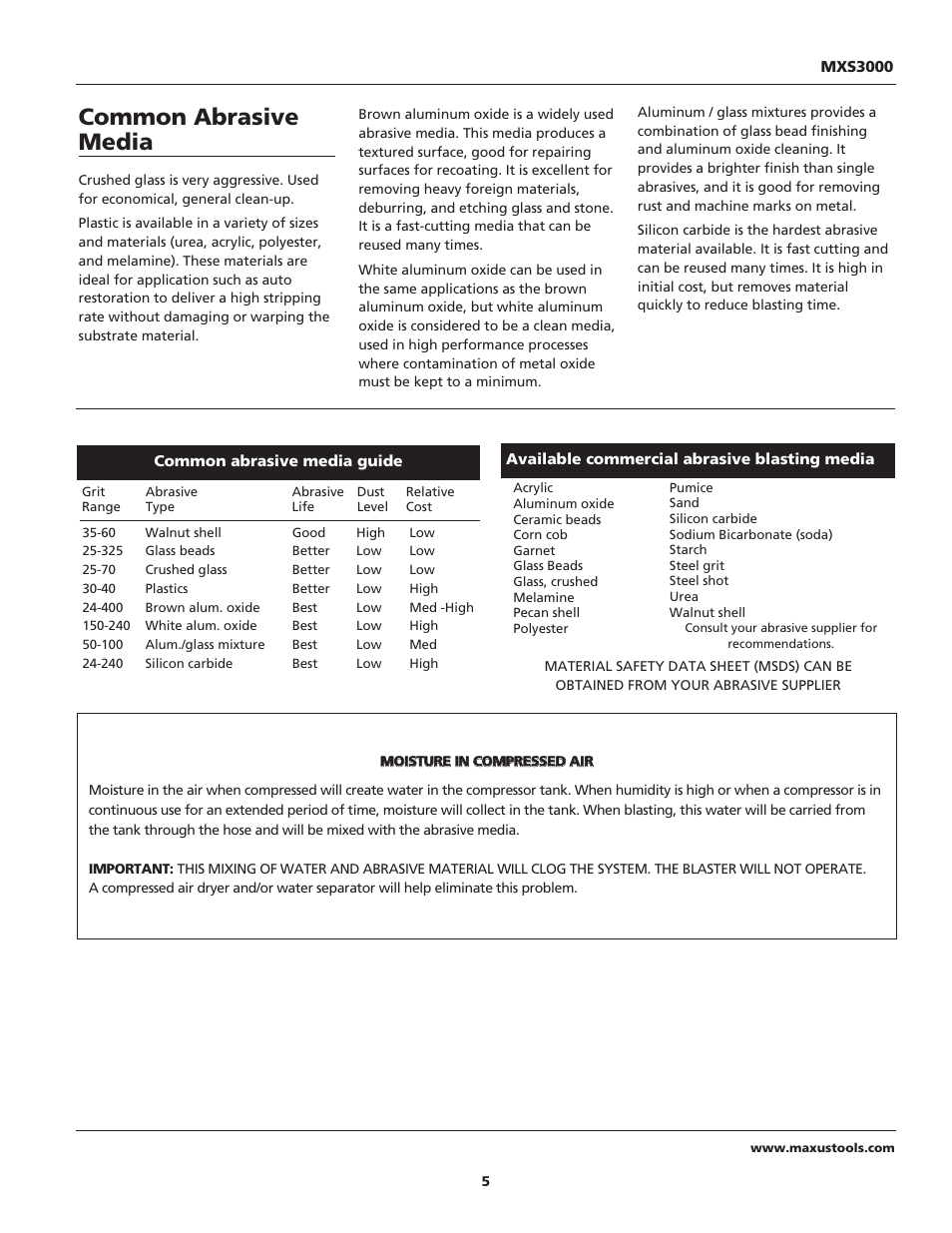 Common abrasive media | Maxus tools MXS3000 User Manual | Page 5 / 32