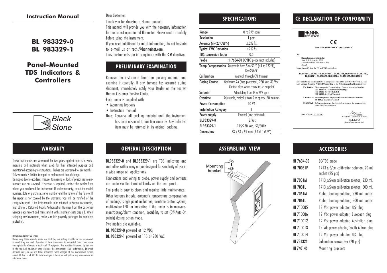 Hanna Instruments BL 983329 User Manual | 2 pages