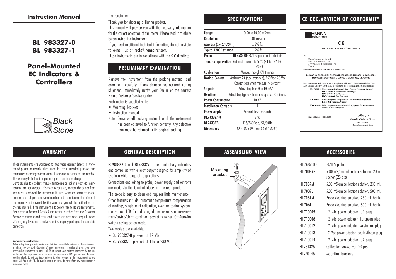 Hanna Instruments BL 983327 User Manual | 2 pages