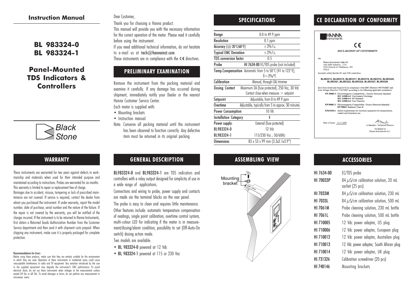 Hanna Instruments BL 983324 User Manual | 2 pages