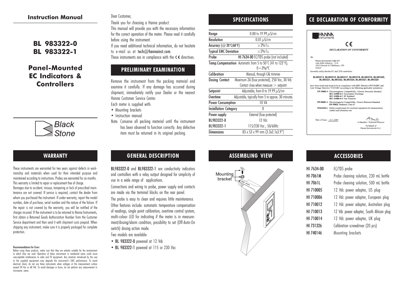 Hanna Instruments BL 983322 User Manual | 2 pages