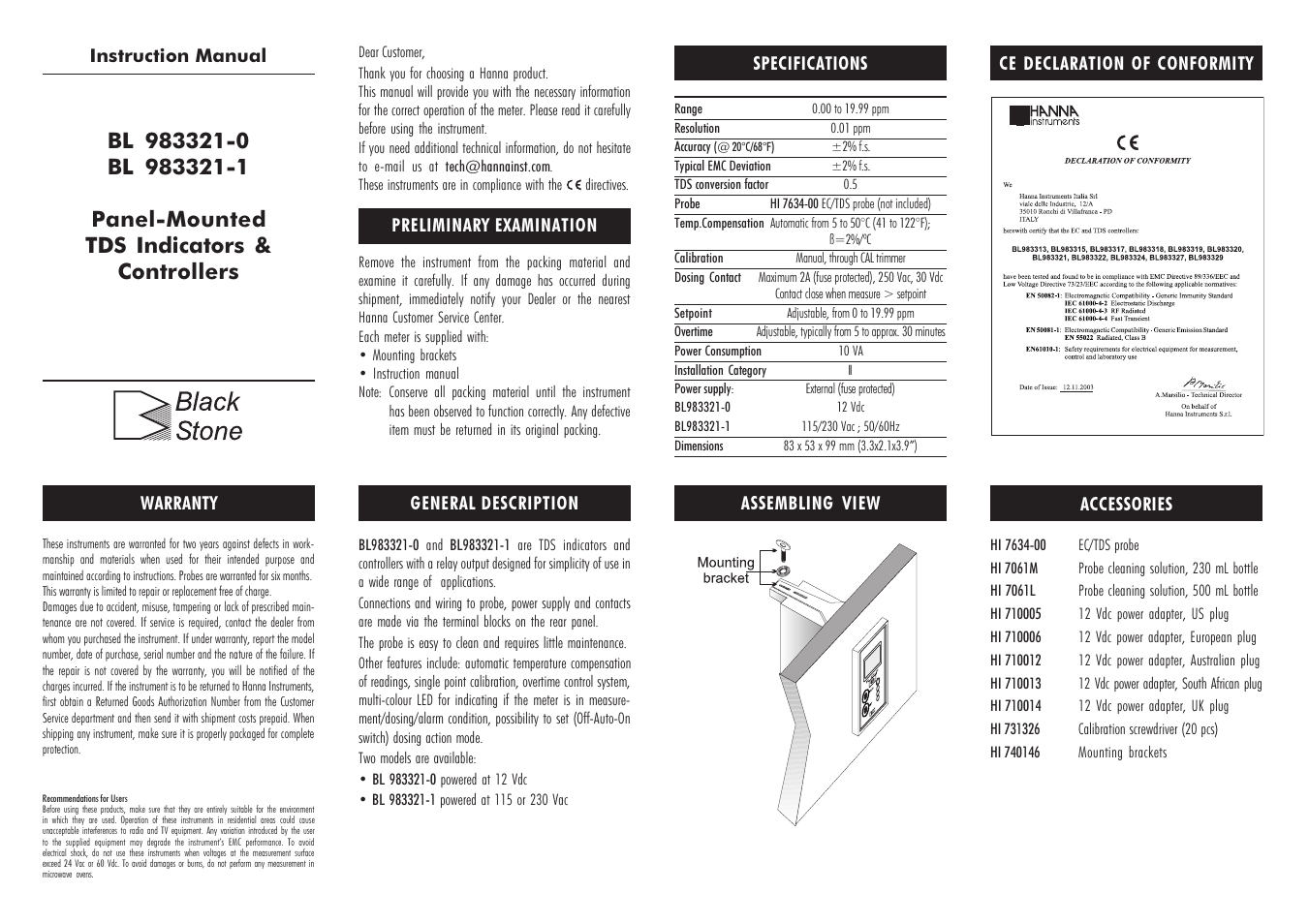 Hanna Instruments BL 983321 User Manual | 2 pages