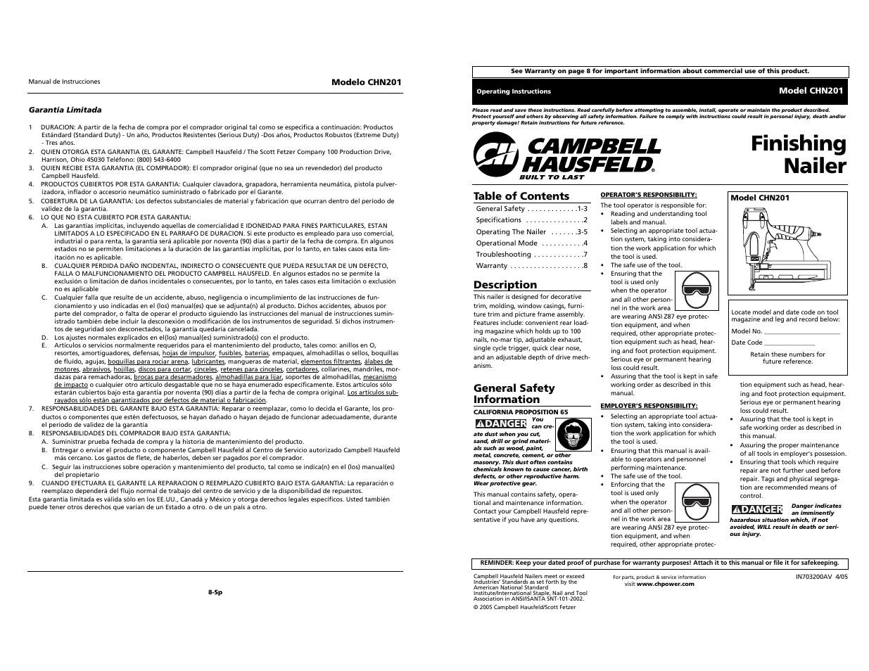 Campbell Hausfeld CHN201 User Manual | 12 pages