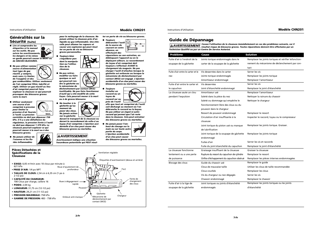 Campbell, Guide de dépannage, Généralités sur la sécurité | Campbell Hausfeld CHN201 User Manual | Page 10 / 12