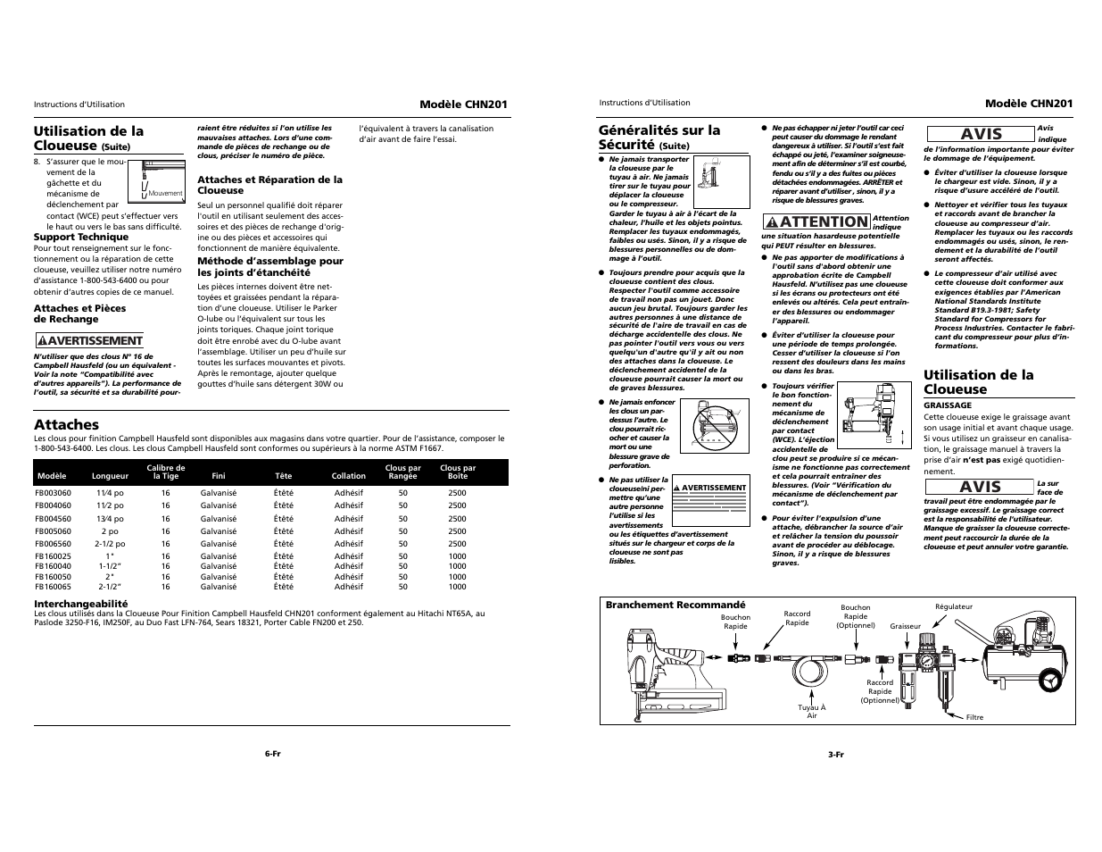 O i l, Avis, Attention | Attaches, Utilisation de la cloueuse, Généralités sur la sécurité | Campbell Hausfeld CHN201 User Manual | Page 11 / 12