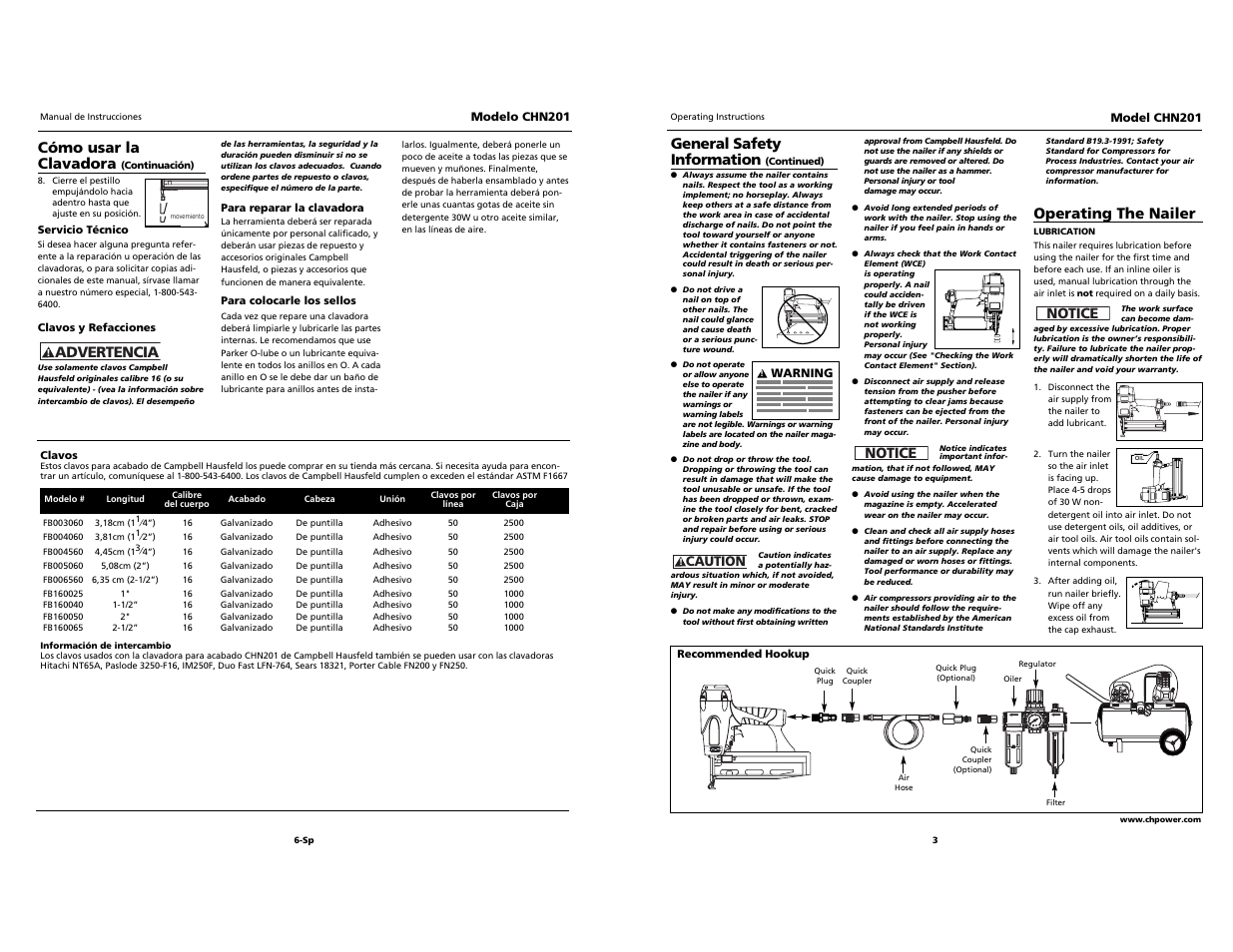 O i l, Cómo usar la clavadora, Advertencia | General safety information, Operating the nailer, Notice | Campbell Hausfeld CHN201 User Manual | Page 3 / 12