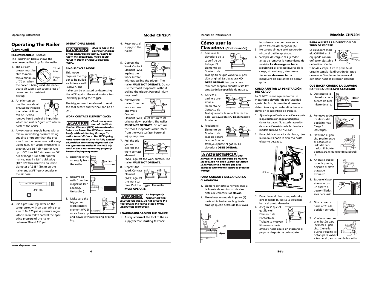 Campbell professional hausfeld, Built to last, Cómo usar la clavadora | Advertencia, Operating the nailer | Campbell Hausfeld CHN201 User Manual | Page 4 / 12