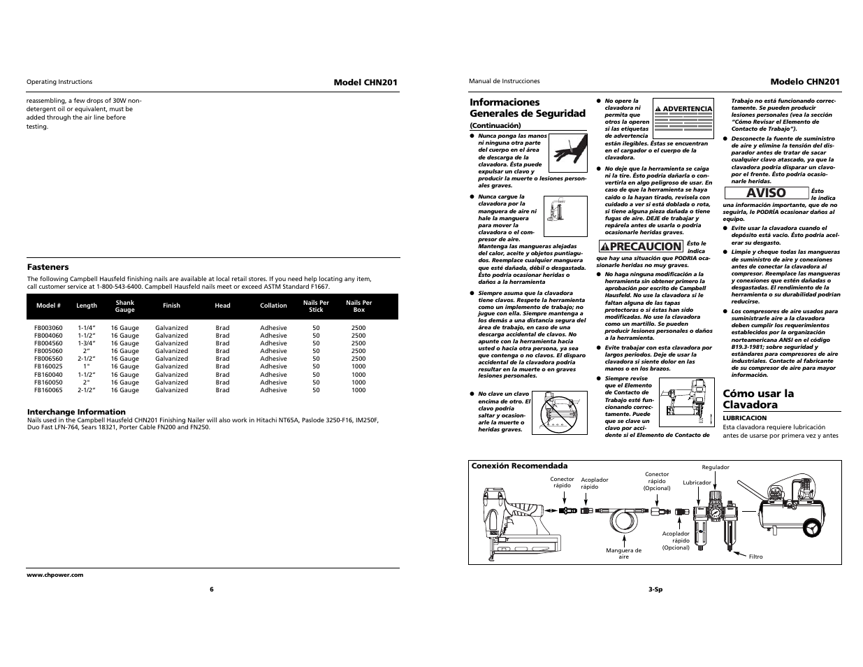 Aviso, O i l, Precaucion | Cómo usar la clavadora | Campbell Hausfeld CHN201 User Manual | Page 6 / 12