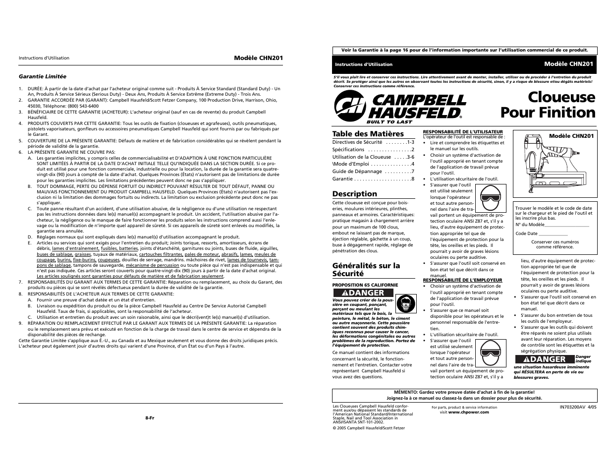 Cloueuse pour finition, Danger | Campbell Hausfeld CHN201 User Manual | Page 9 / 12