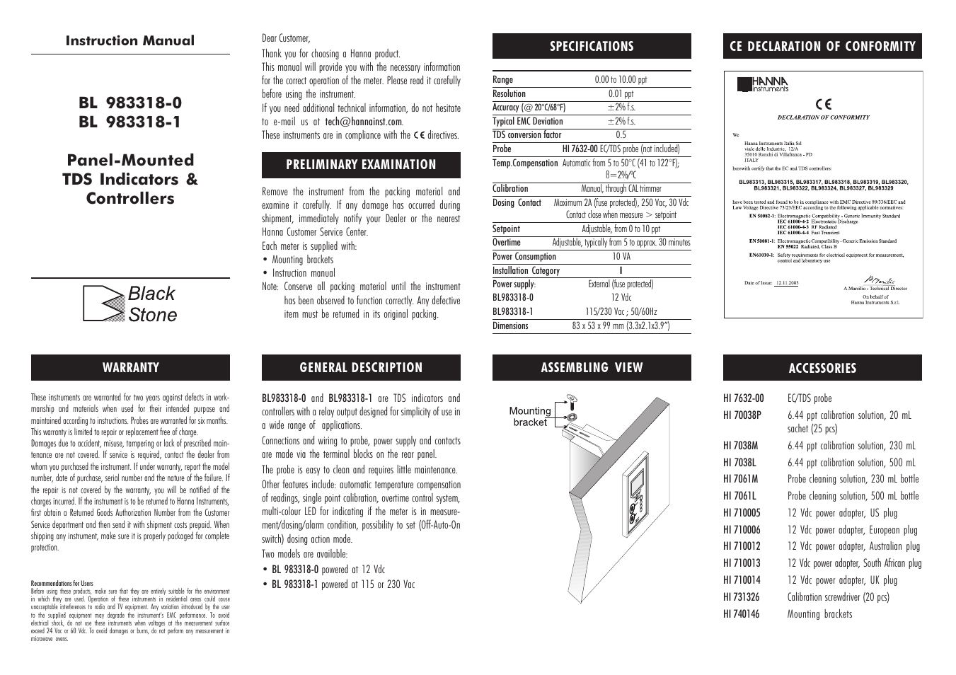 Hanna Instruments BL 983318 User Manual | 2 pages