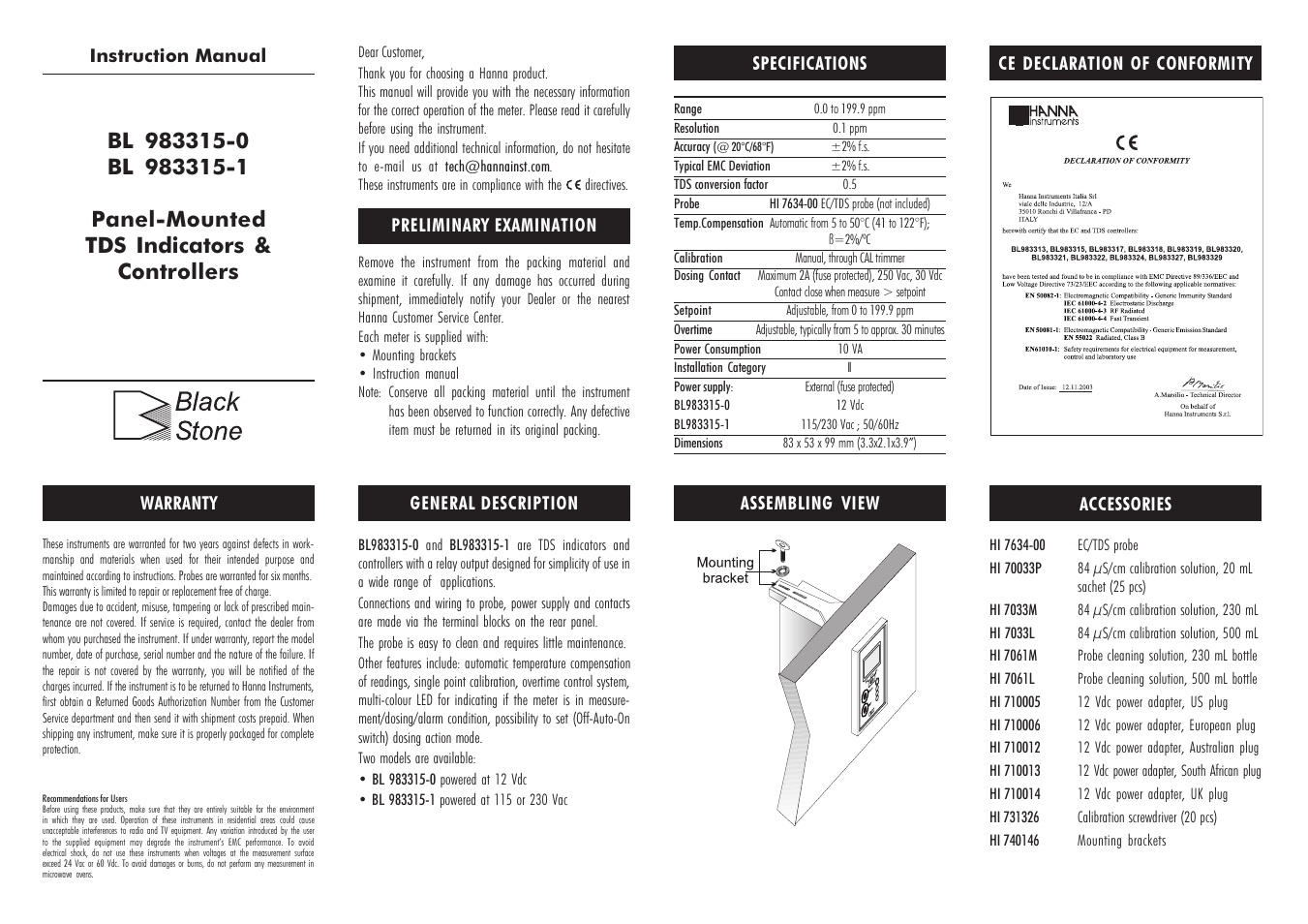 Hanna Instruments BL 983315 User Manual | 2 pages