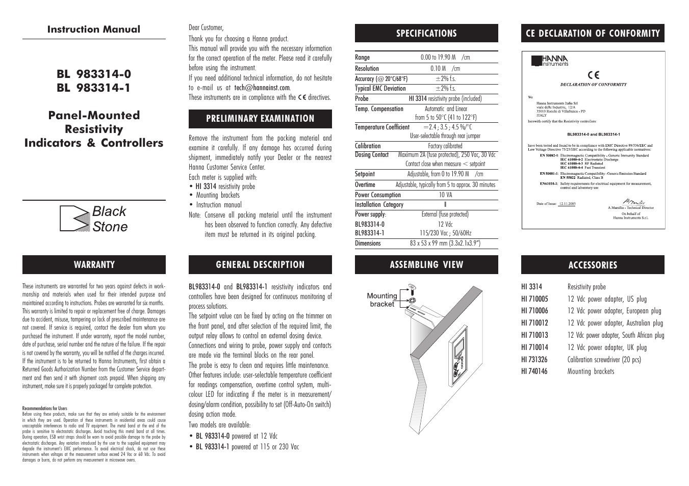 Hanna Instruments BL 983314 User Manual | 2 pages