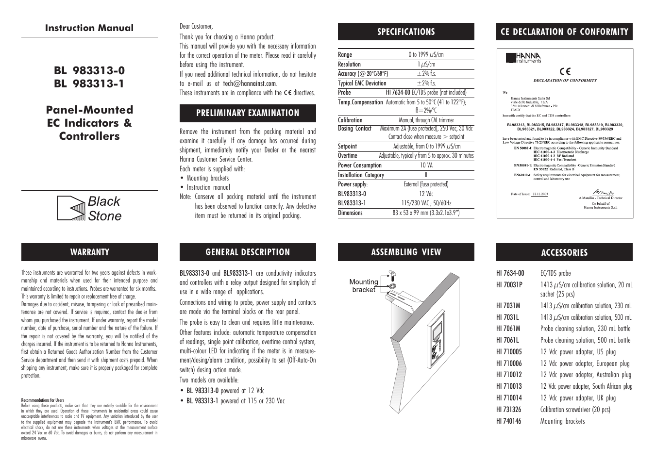 Hanna Instruments BL 983313 User Manual | 2 pages