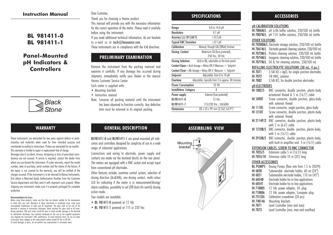 Hanna Instruments BL 981411 User Manual | 2 pages