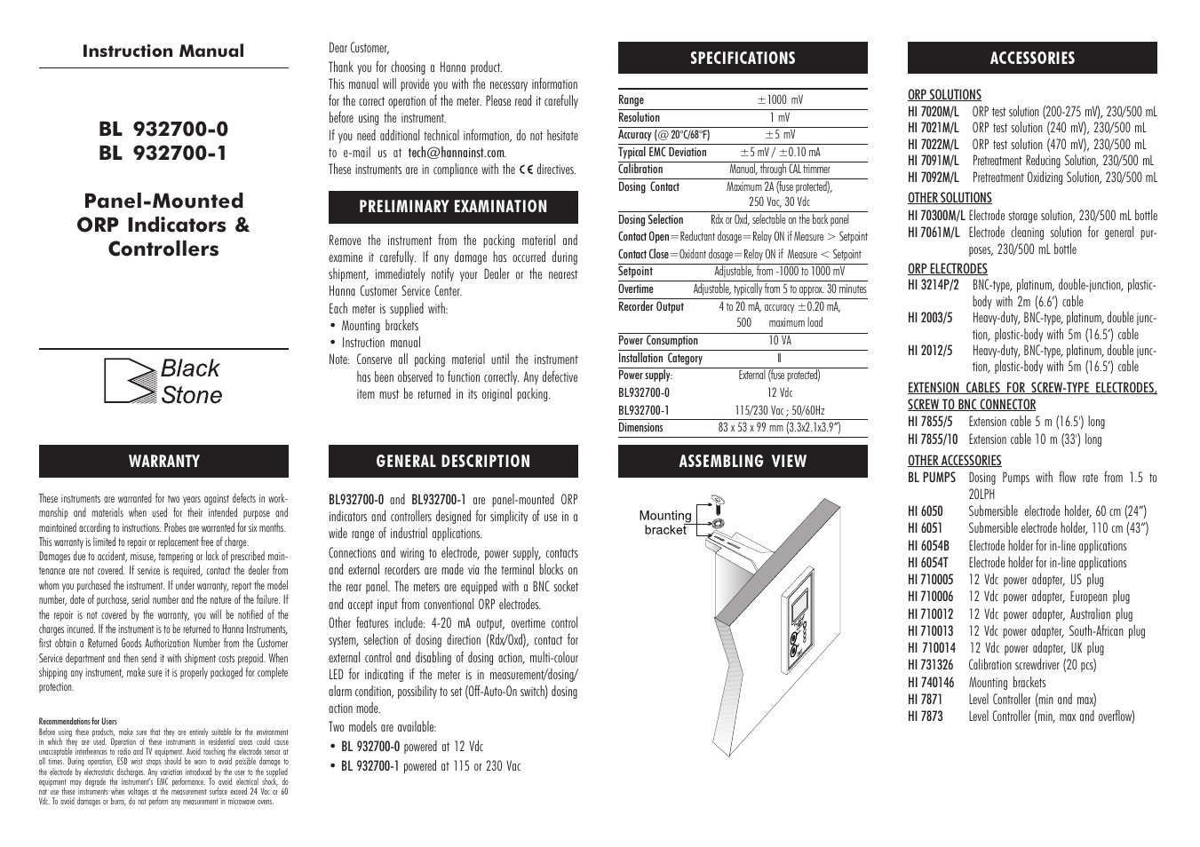 Hanna Instruments BL 932700 User Manual | 2 pages