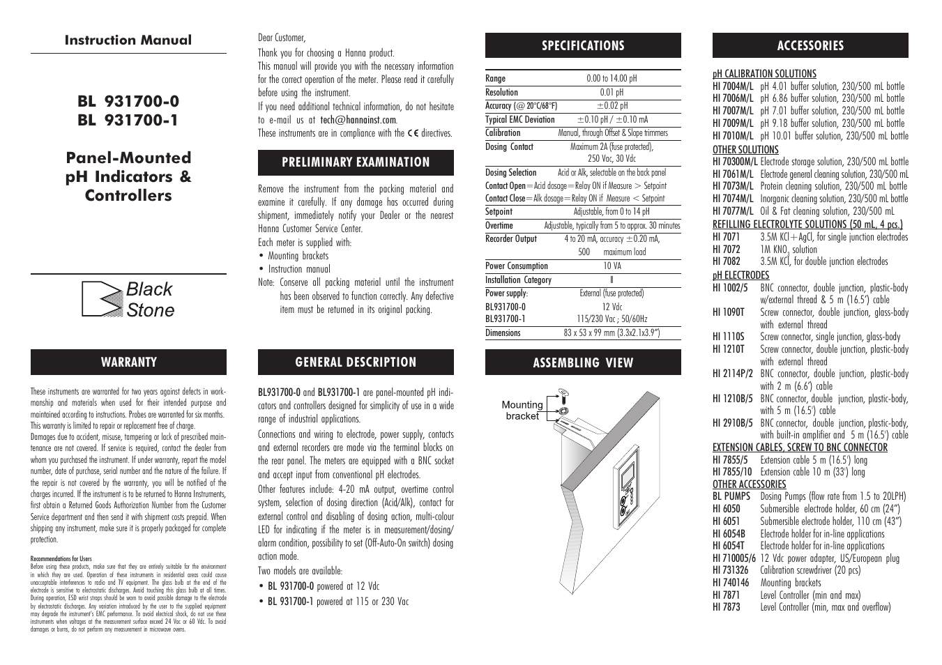 Hanna Instruments BL 931700 User Manual | 2 pages