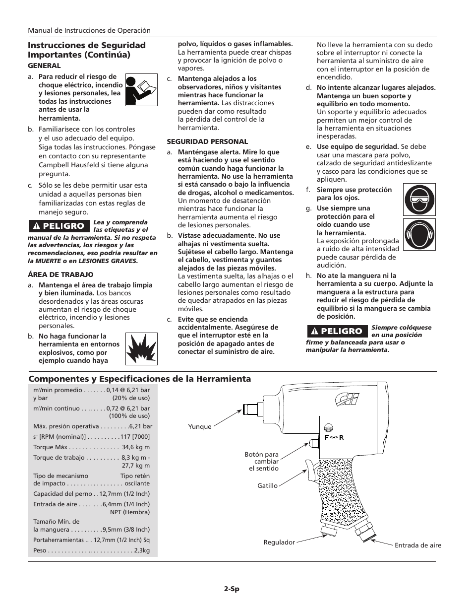 Componentes y especificaciones de la herramienta, Instrucciones de seguridad importantes (continúa) | Campbell Hausfeld TL0502 User Manual | Page 18 / 24