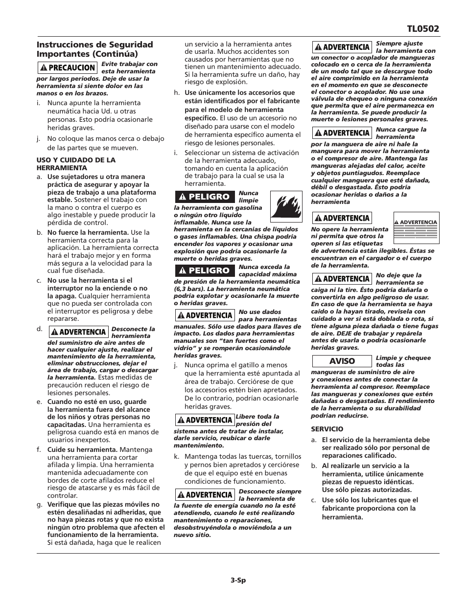 Tl0502, Instrucciones de seguridad importantes (continúa) | Campbell Hausfeld TL0502 User Manual | Page 19 / 24