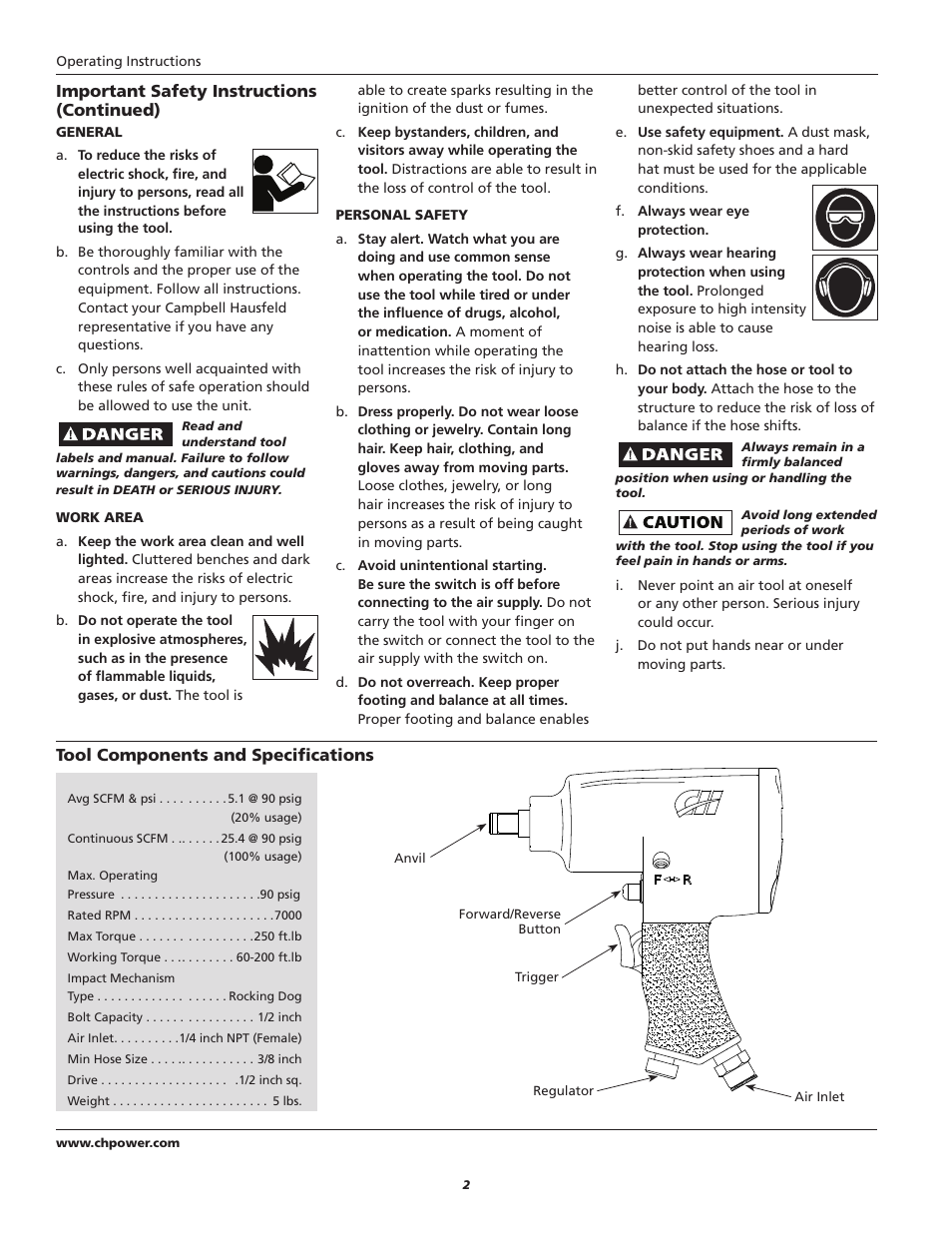 Important safety instructions (continued), Tool components and specifications | Campbell Hausfeld TL0502 User Manual | Page 2 / 24