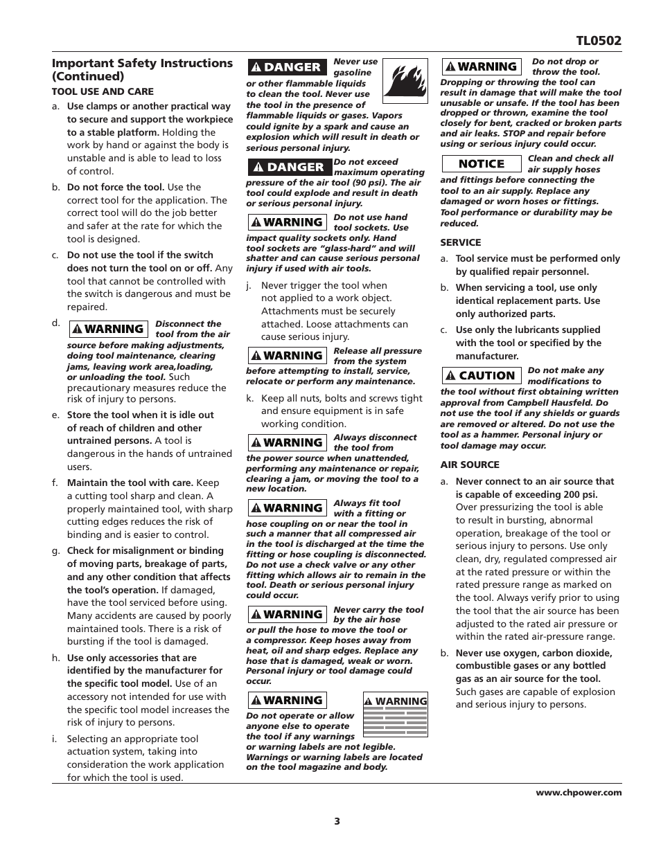 Tl0502, Important safety instructions (continued) | Campbell Hausfeld TL0502 User Manual | Page 3 / 24