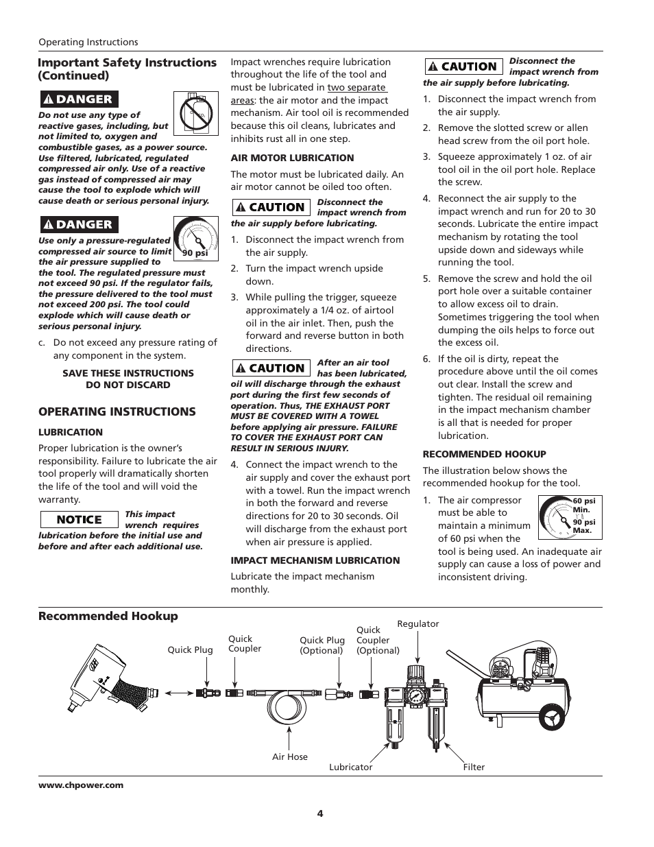 Operating instructions, Recommended hookup, Important safety instructions (continued) | Campbell Hausfeld TL0502 User Manual | Page 4 / 24