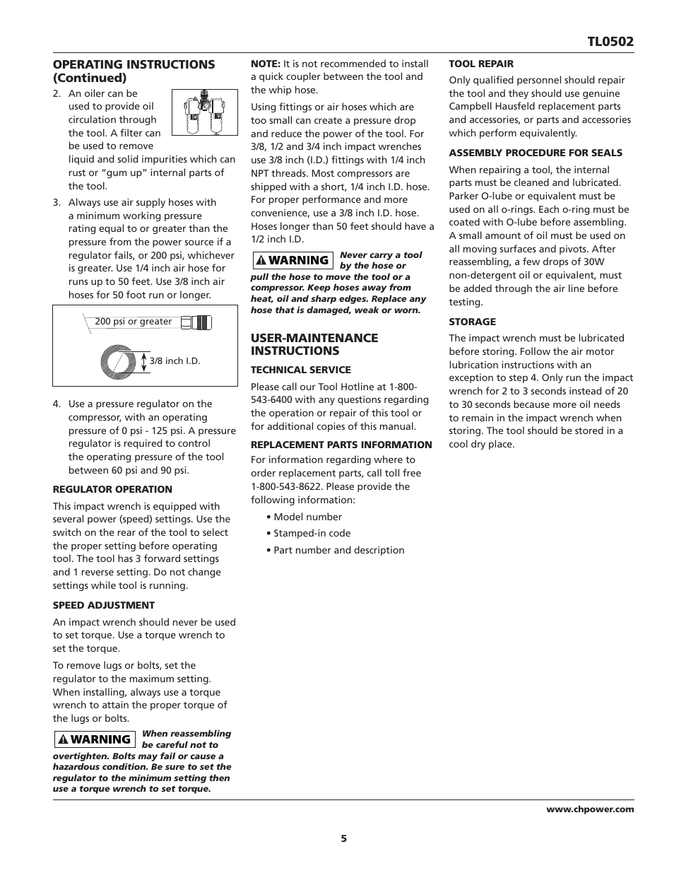 Tl0502 | Campbell Hausfeld TL0502 User Manual | Page 5 / 24