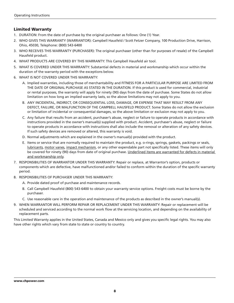 Campbell Hausfeld TL0502 User Manual | Page 8 / 24