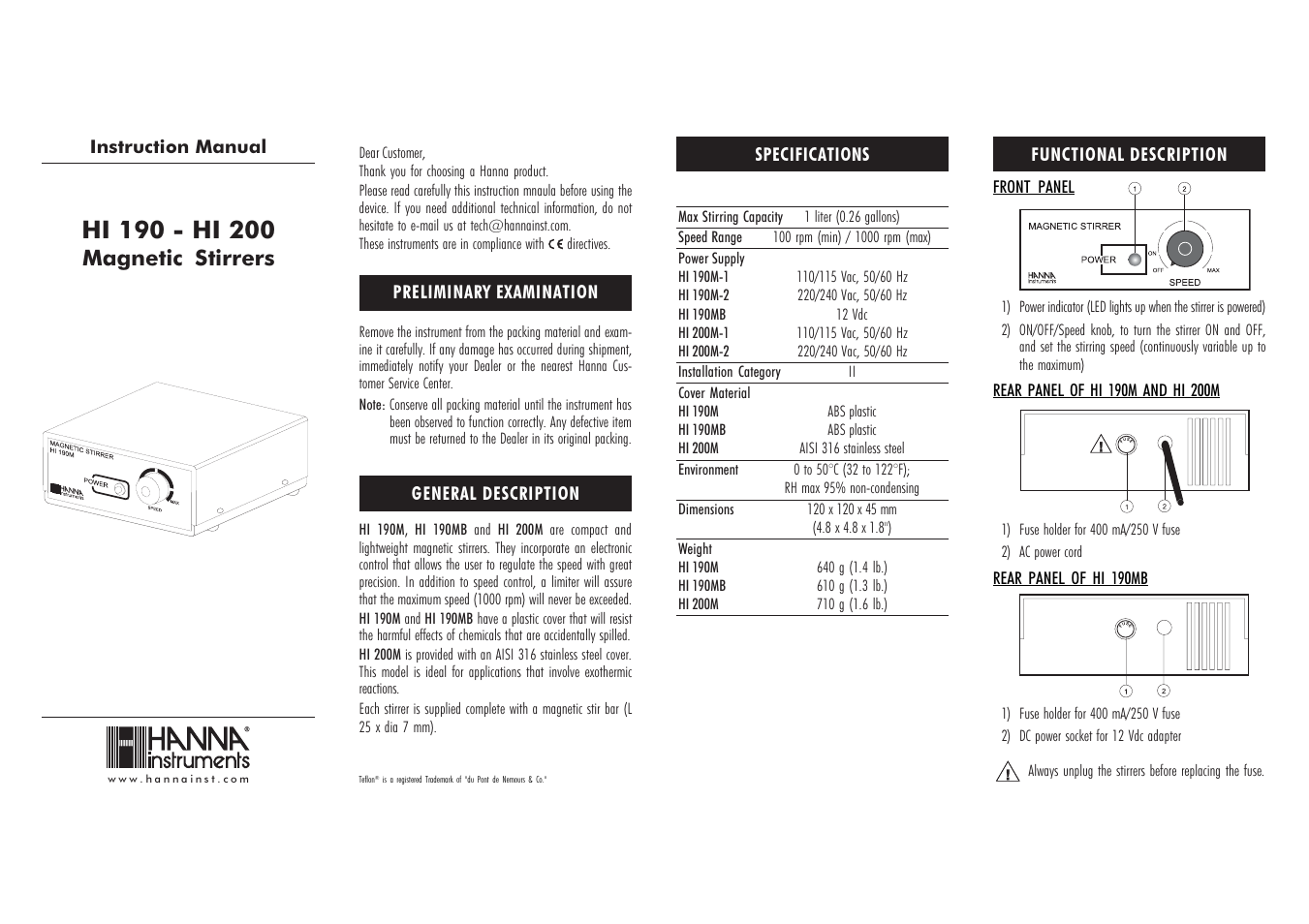 Hanna Instruments HI 190M User Manual | 2 pages