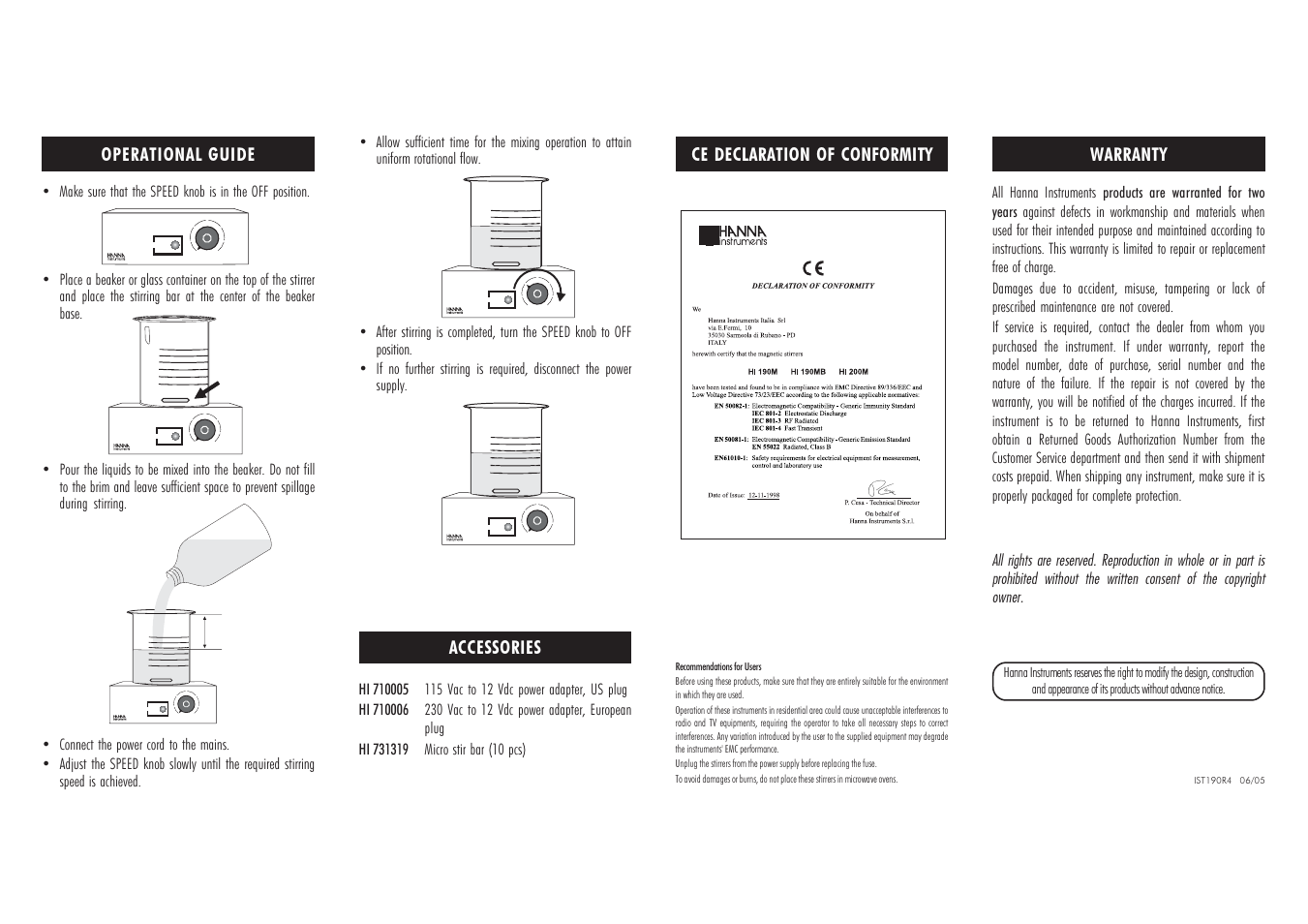 On off max, Operational guide, Accessories | Ce declaration of conformity, Warranty | Hanna Instruments HI 190M User Manual | Page 2 / 2