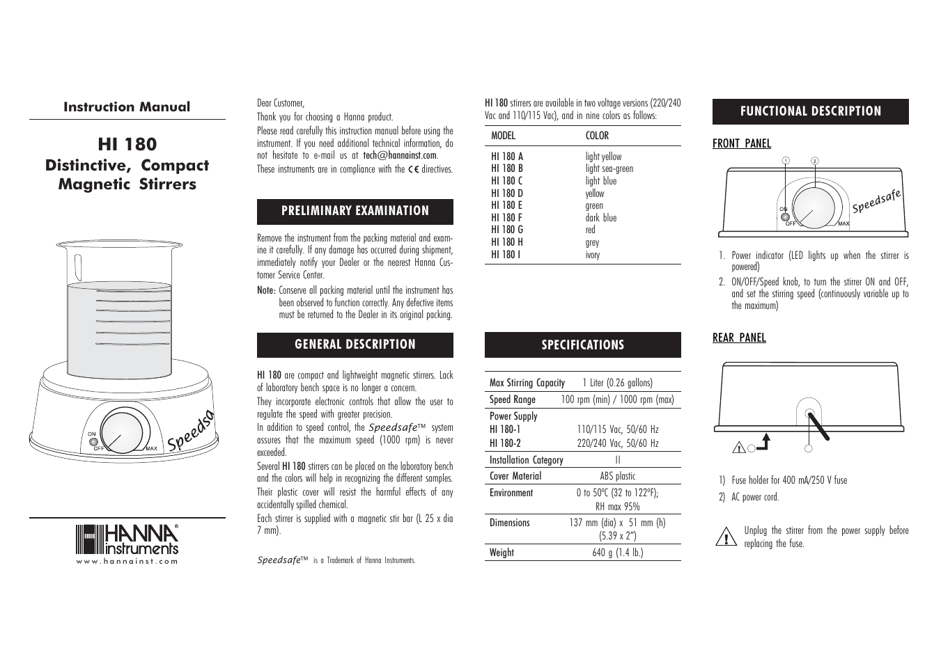 Hanna Instruments HI 180 User Manual | 2 pages