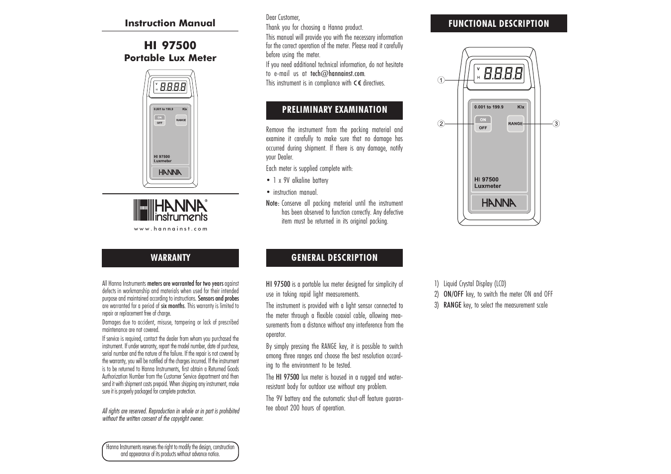 Hanna Instruments HI 97500 User Manual | 2 pages