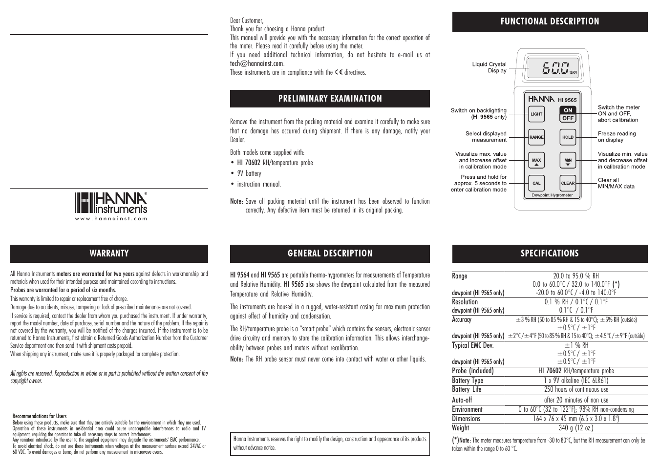 Hanna Instruments HI 9564 User Manual | 2 pages