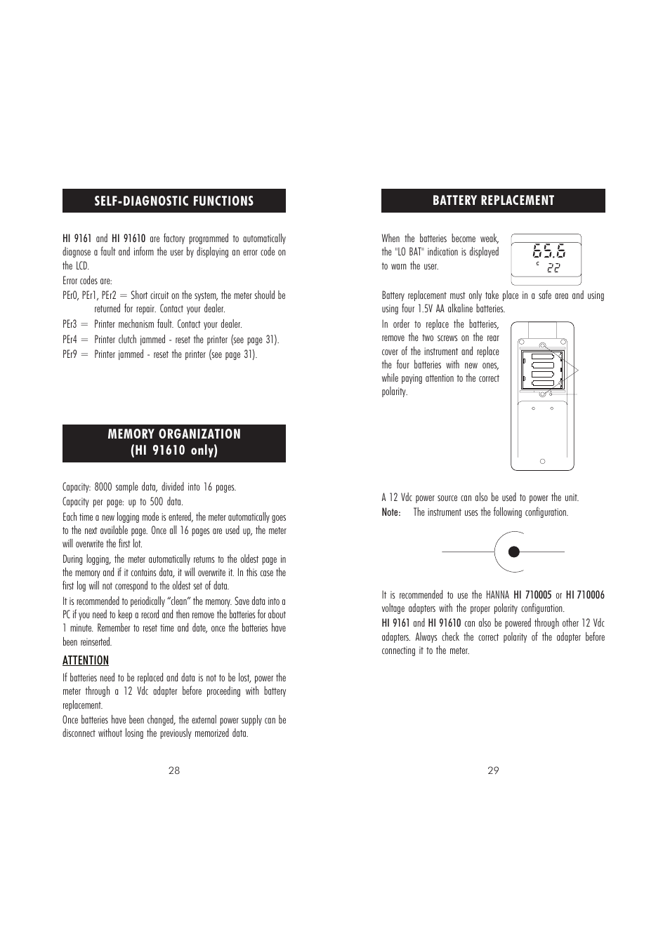 Self-diagnostic functions, Battery replacement, Attention | Hanna Instruments HI 91610C User Manual | Page 15 / 19