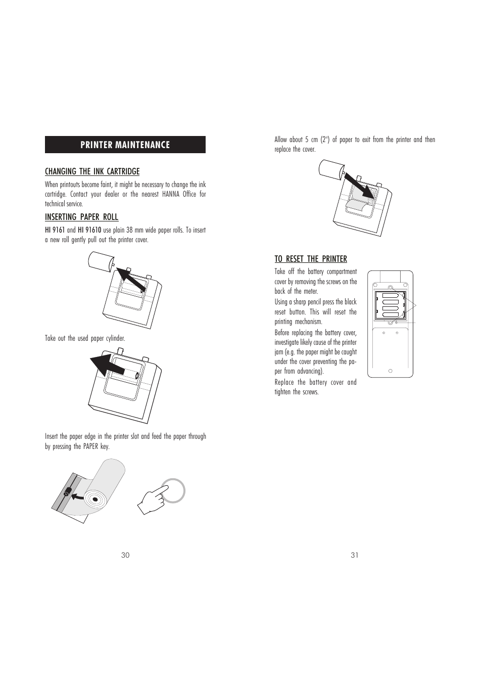 Printer maintenance, Changing the ink cartridge, Inserting paper roll | Hanna Instruments HI 91610C User Manual | Page 16 / 19